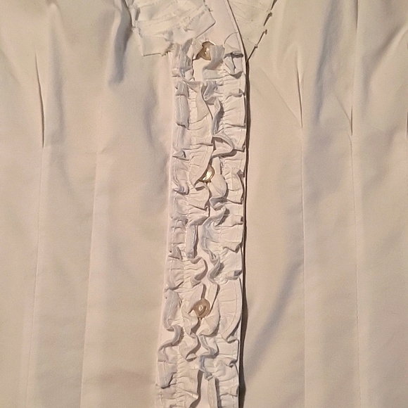 NWOT Crisp White Cotton Stretch Blouse, Short Sleeve, Ruffled V-neck, S - Picture 10 of 15